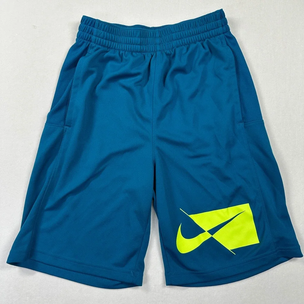 Nike Dri-FIT Shorts Large Teal Blue Neon Yellow Graphic Athletic Basketball Kids